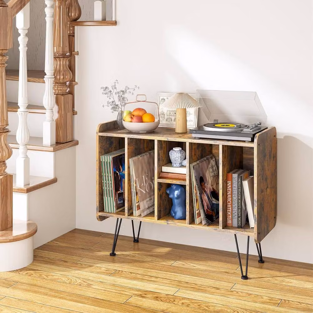 Huhote 3 Tier Vinyl Record Player Stand Storage Cabinet End Side Table in Brown – 2