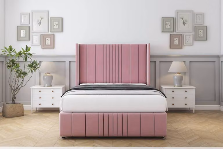 Sloomy Hargrave Plush Pink Velvet Wingback Divan Set with Footboard, Small Double, W/D/H: 120 x 200 cm