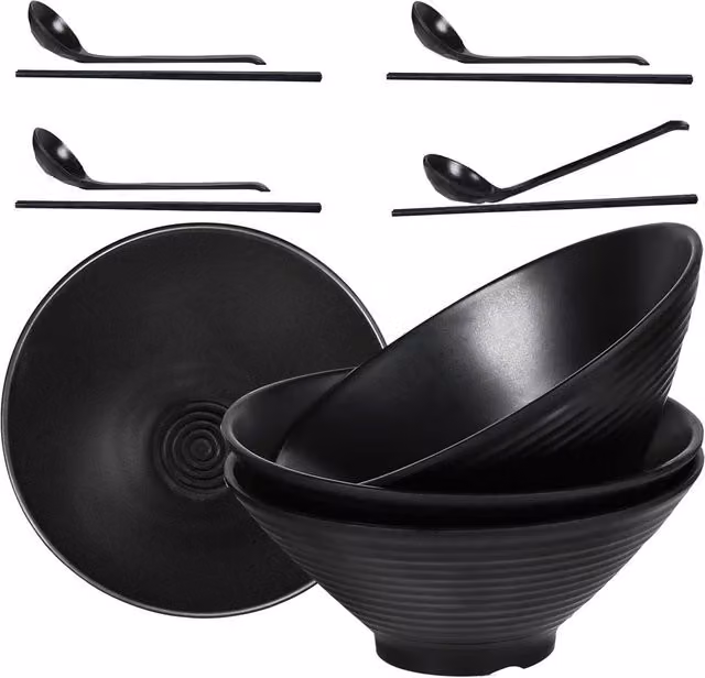 Greentainer 4-Piece Japanese-Style Noodle Bowl Set with Spoons and Chopsticks in Black – 1
