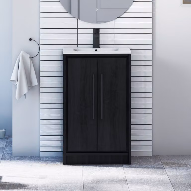 Livora Black Woodgrain Floor Standing 2 Door Bathroom Vanity Unit with Minimalist Basin and Matt Black Handles