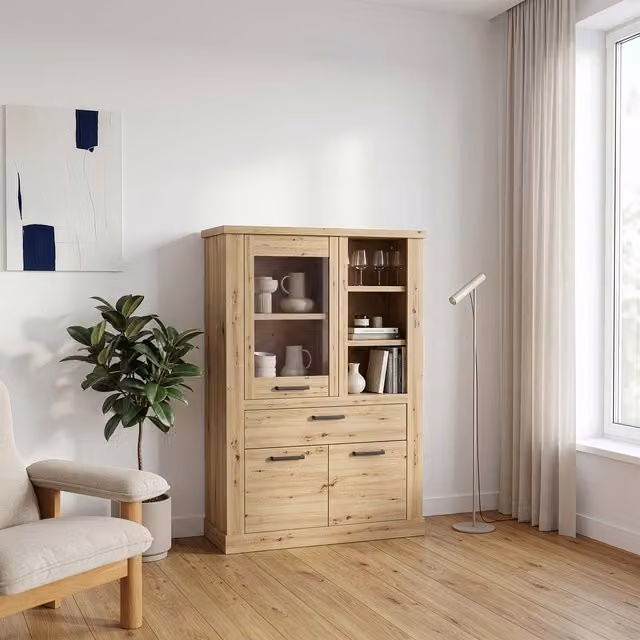 Furniture To Go Corona Display Cabinet in Wild Artisan Oak with Glass Doors and Drawers