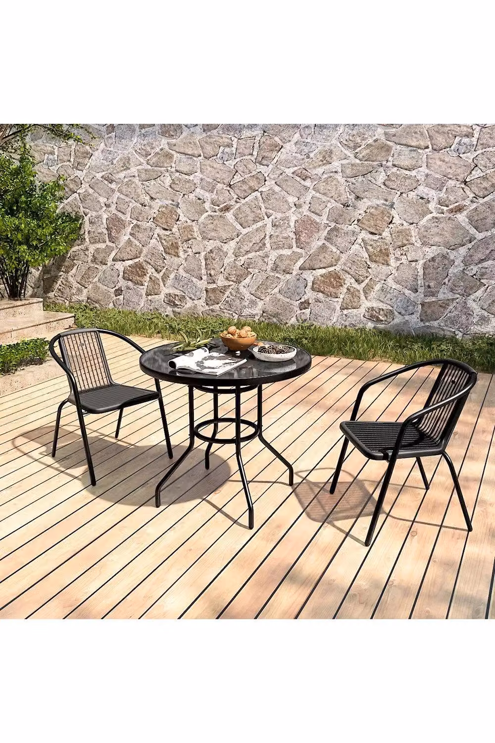 H&O Direct Black Outdoor Garden Table with Tempered Metallic Glass and Parasol Hole – 4