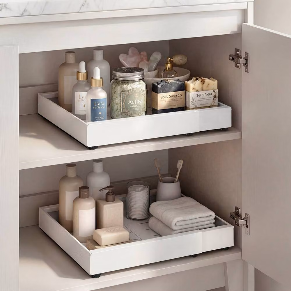 Toque 2 Pack Expandable Pull Out Cabinet Organisers in White, Adjustable Carbon Steel Slide Out Drawers with 3-Rail System – 3
