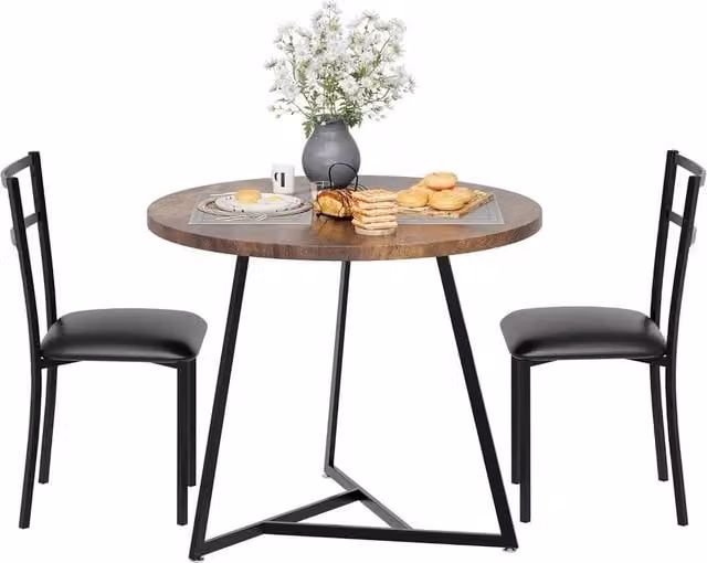 VOGREX Modern Round Dining Table and 3 Chairs Set in Brown Matt Wood Finish