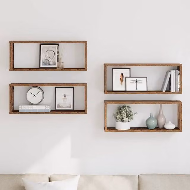 Berkfield Home Wall Mounted Cube Shelves, 4 Piece Set in Old Wood Brown, W: 60 cm, D: 23 cm, H: 15 cm – 1