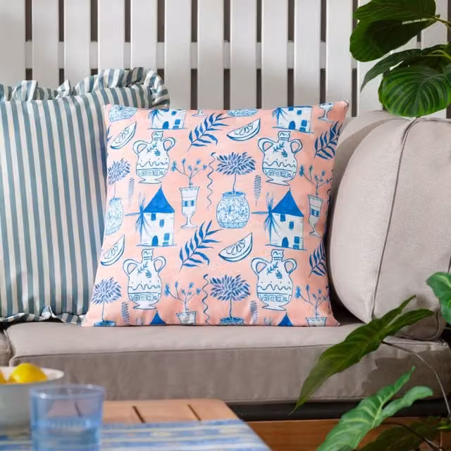 Furn Aegina Floral Printed Outdoor Cushion in Peach and Pink – 1
