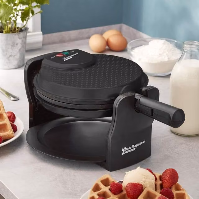 Cooks Professional Rotary Belgian Waffle Maker Machine with Non-Stick Plates and Drip Tray in Black