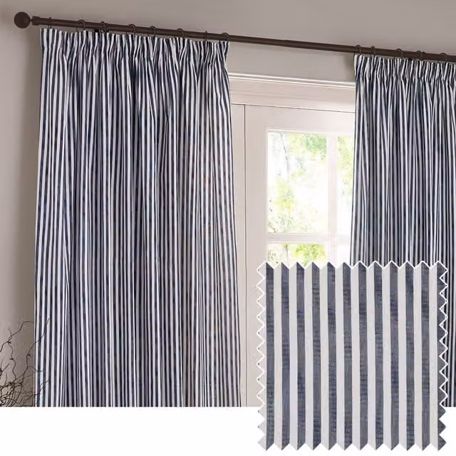 Make It A Home Hebden Striped Cotton Pencil Pleat Curtain Pair in Blue, Width: 183 cm, Height: 229 cm