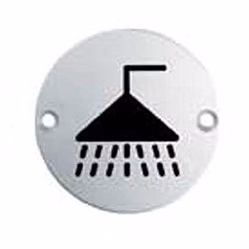 Loops 4 Pack Bathroom Door Shower Symbol Signs in Brushed Silver Stainless Steel, Diameter: 76 mm, Fixing Centres: 64 mm – 2