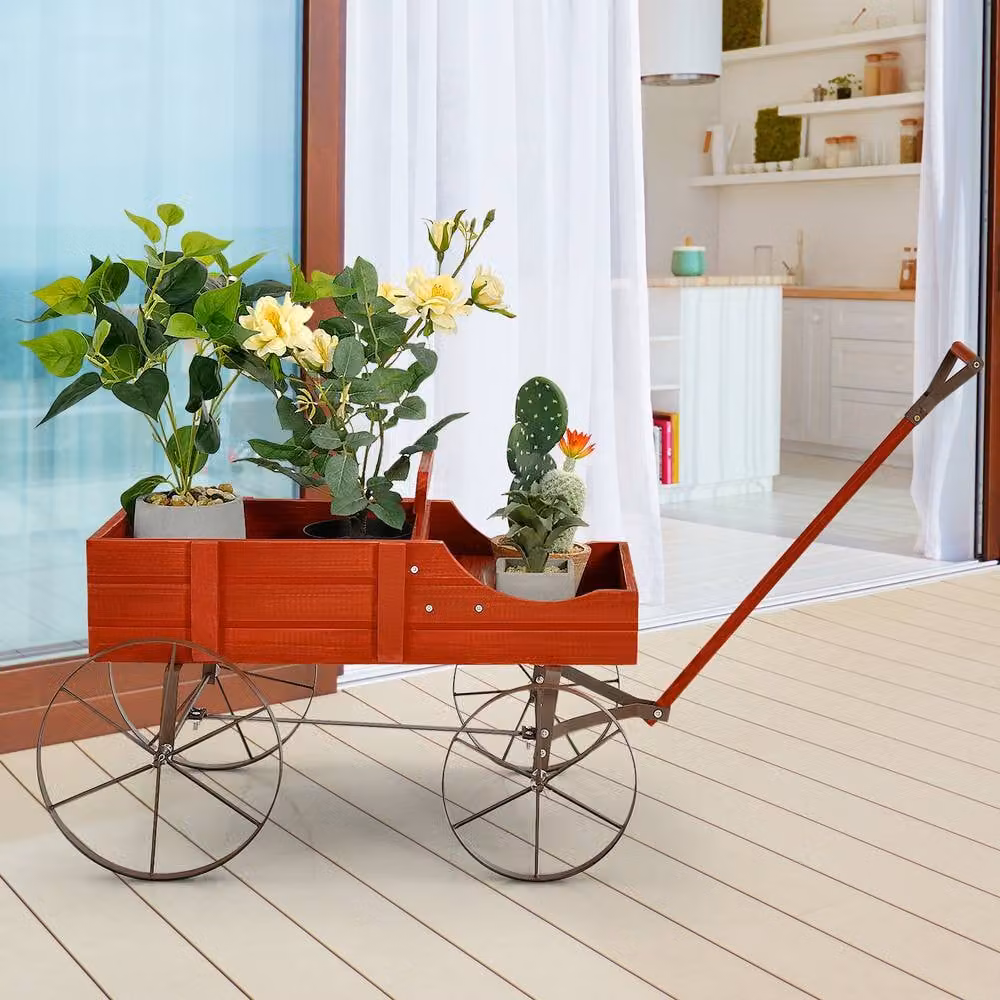 Costway Garden Wagon Planter with 2 Planting Sections in Red – 5