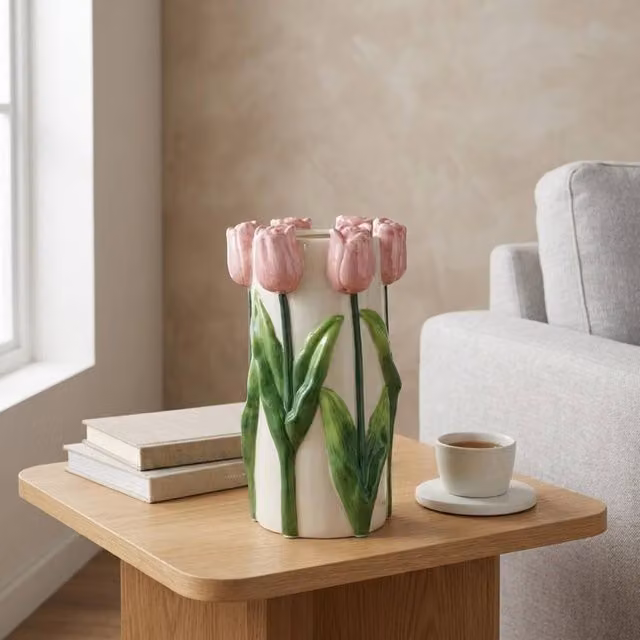 Garden Greatness Pink Tulip 3D Ceramic Statement Vase, Multicolour, H 23.5 cm x W 14.2 cm x D 13.2 cm