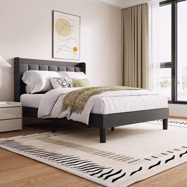 Dprodo Grey Linen Upholstered Bed Frame with Tufted Headboard, USB Charging Port and Bedside Shelf, W/D/H: 90 x 200 cm