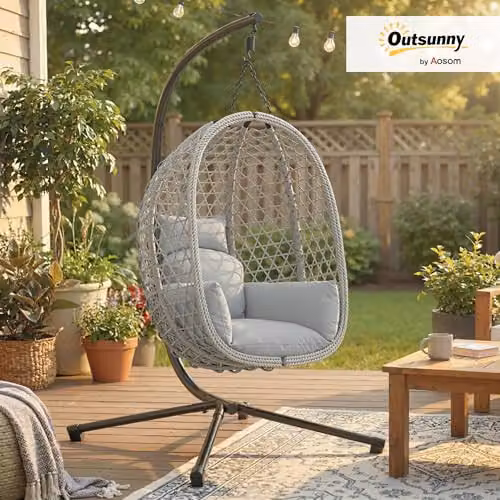 Outsunny Rattan Hanging Egg Chair with Stand in Light Grey – 2