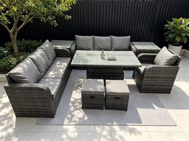 Fimous Garden Dining Set with Reclining Sofa, 2 Side Tables and 2 Footstools in Dark Grey Polyrattan