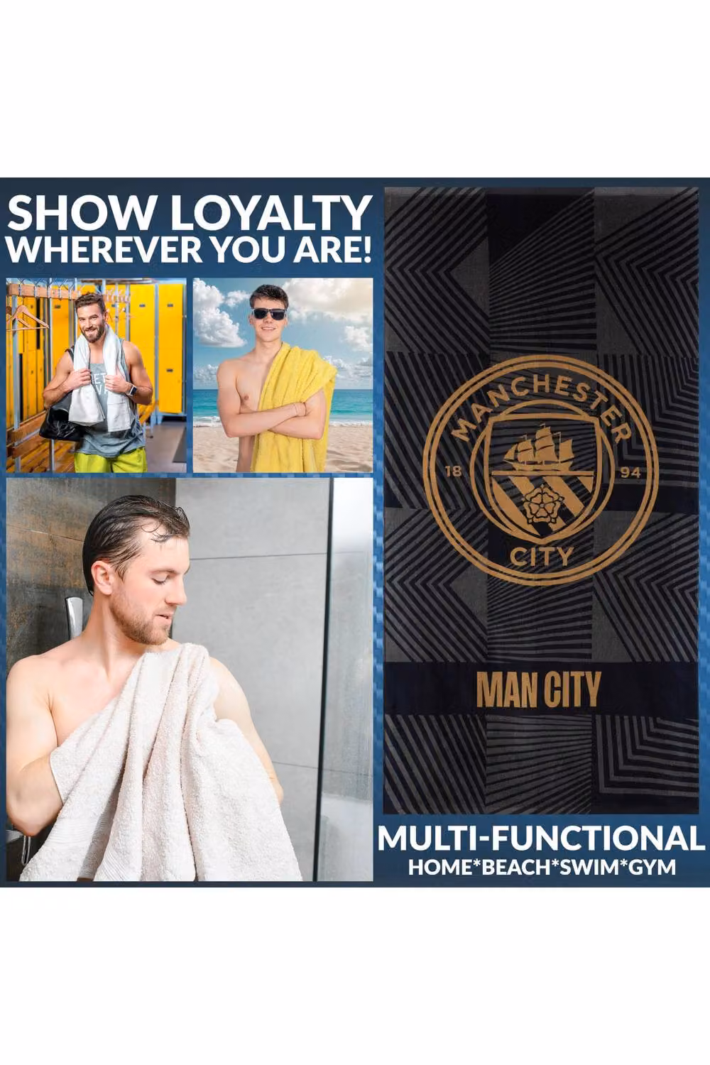 Manchester City F.C. Black Cotton Quick Dry Bath Towel, W: 137 cm, H: 69 cm – 8