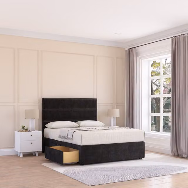 Sloomy Texas Upholstered Divan Bed Base with 2 Drawers and Floor Standing Headboard, Black, W/D/H: 180 x 200 cm