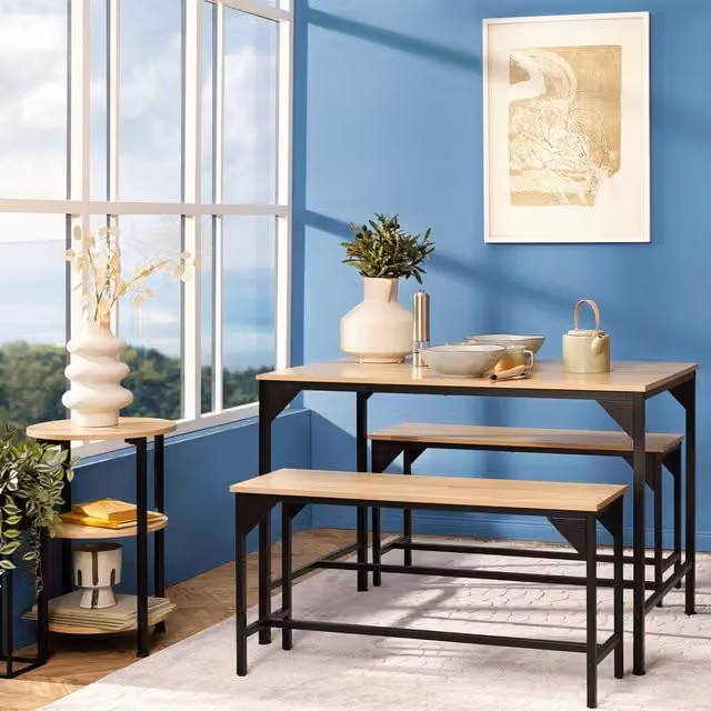 TECTAKE Bolton Industrial Kitchen Table Set with 1 Table and 2 Benches in Oak and Black