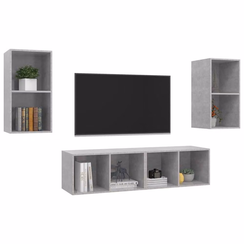 Berkfield Home Set of 4 Modern Wall-Mounted TV Cabinets in Concrete Grey Engineered Wood – 3