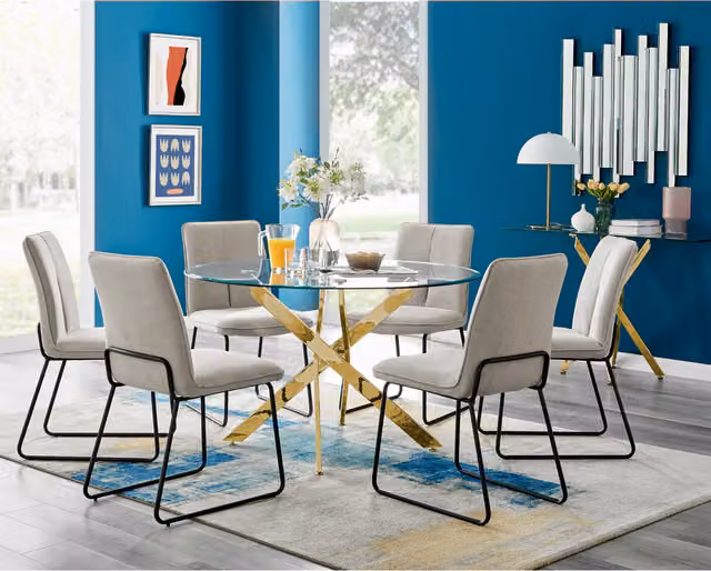 Furniturebox UK Novara Gold Leg Round Glass Dining Table and 6 Halle Chairs in Beige