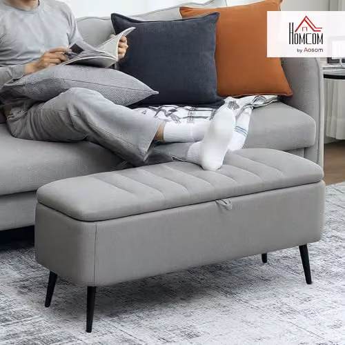 HOMCOM Grey Fabric Storage Ottoman Bench with Padded Top and Metal Legs, W/D/H: 102 x 44 x 40 cm – 2