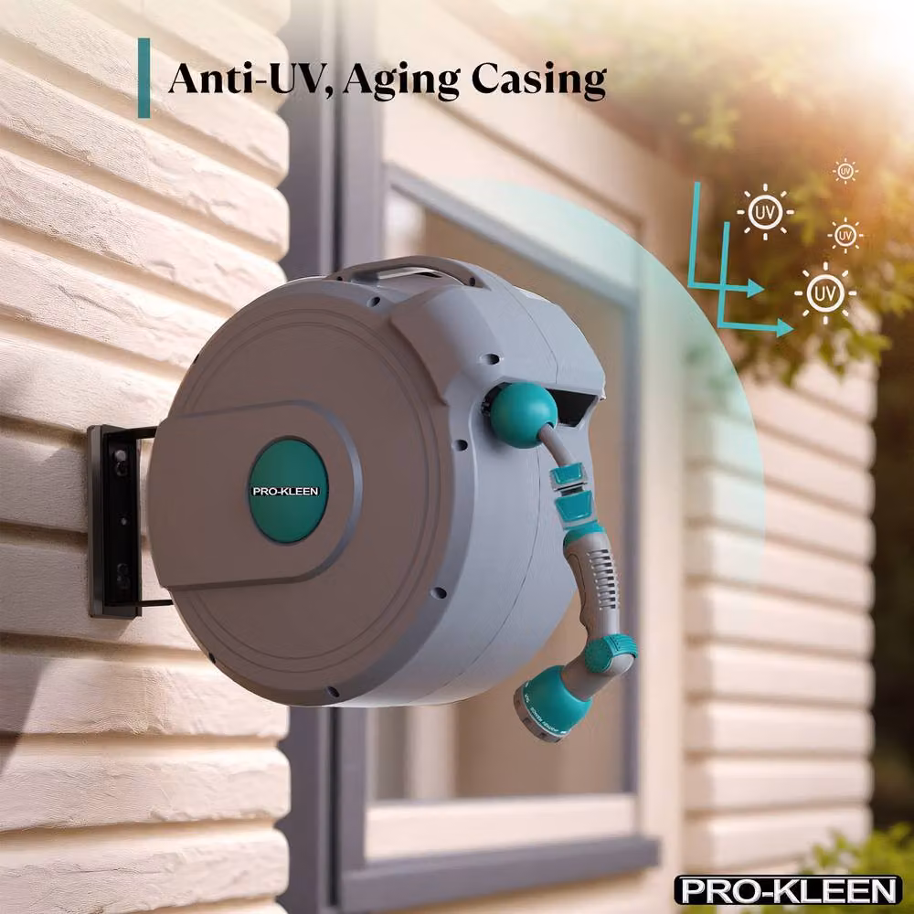 ProKleen Retractable Wall Mounted Garden Hose Reel with 10 Function Spray Gun, 30m, Grey – 6