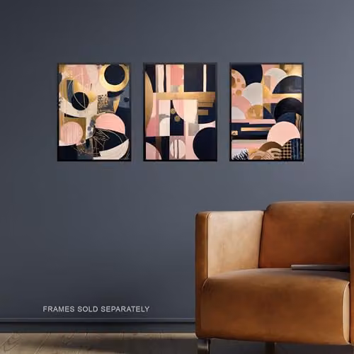 Artery8 Set of 3 A4 Abstract Art Deco Geometric Wall Art Prints in Gold, Pink and Navy Blue – 2
