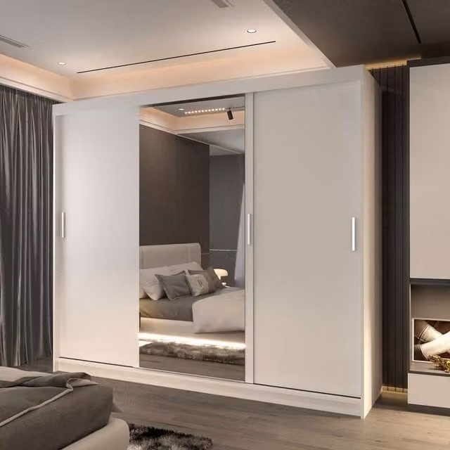Sliding Wardrobes 4U Large Modern White Mirror Sliding Wardrobe with Integrated LED Lighting W: 250 cm, H: 217 cm