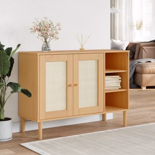 Berkfield Home SENJA Sideboard in Brown Rattan Look Solid Pine Wood W/D/H: 112 x 40 x 80 cm – 1