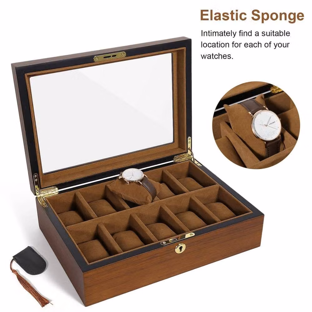 NESTLUNE Lockable 10-Watch Display Grid Box in Brown Wood and Metal – 4
