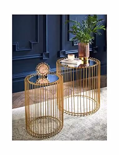 Spot on dealz® Set of 2 Round Nesting Tables with Gold Wire Cage Base and Glass Tops