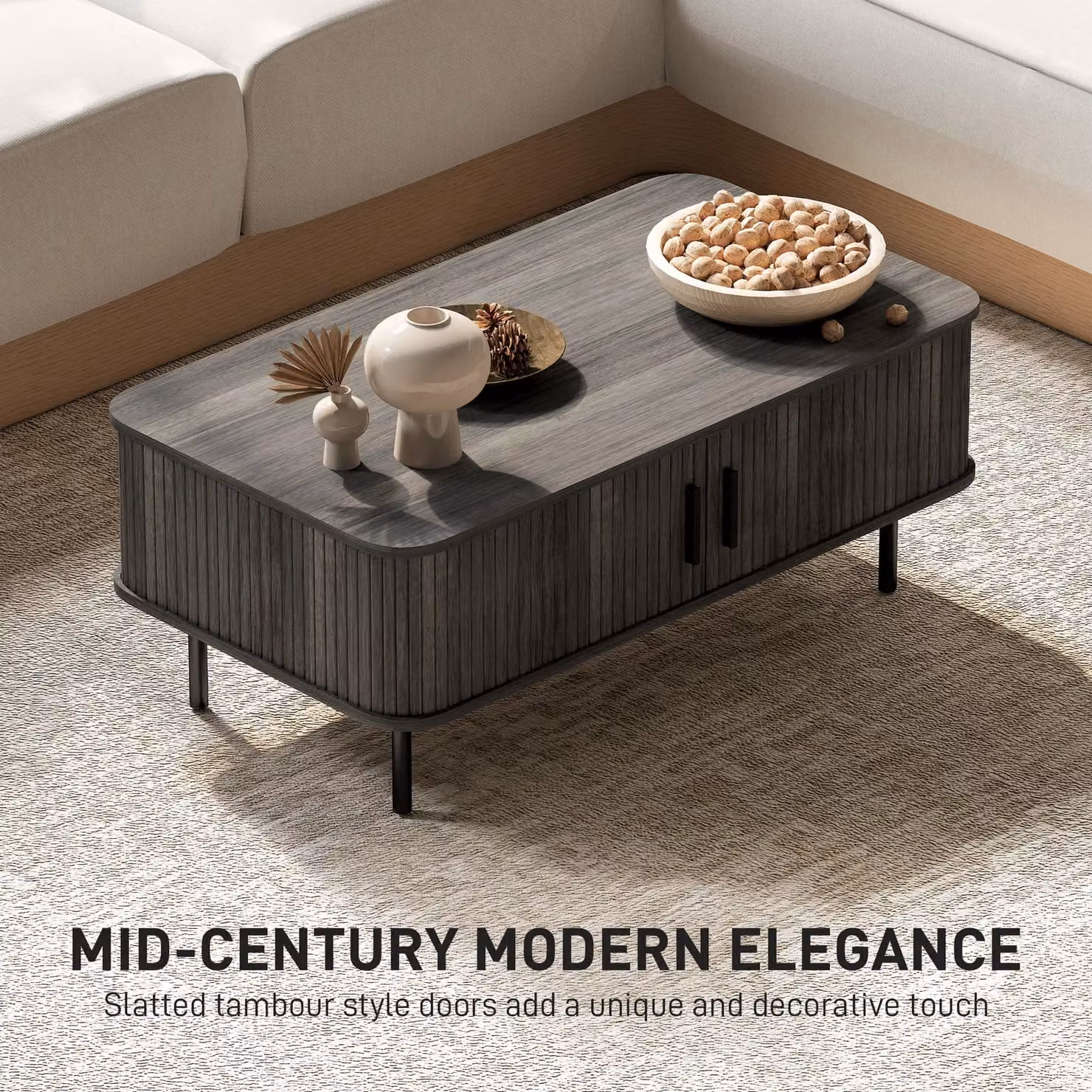 HOMCOM Mid-Century Grey Coffee Table with Storage and Sliding Doors – 4