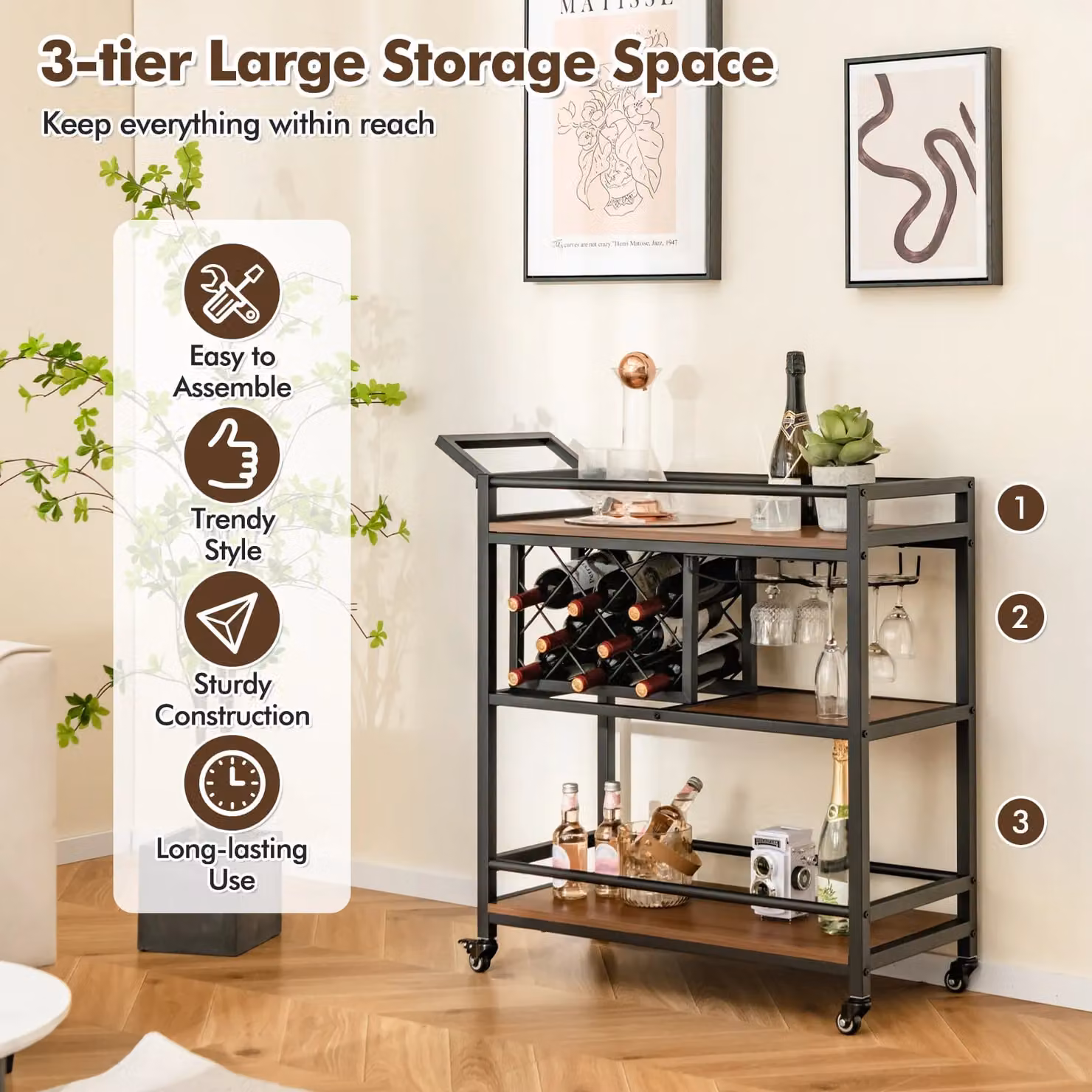 Costway 3-Tier Industrial Metal and Glass Kitchen Serving Cart with Wine Racks in Brown – 6