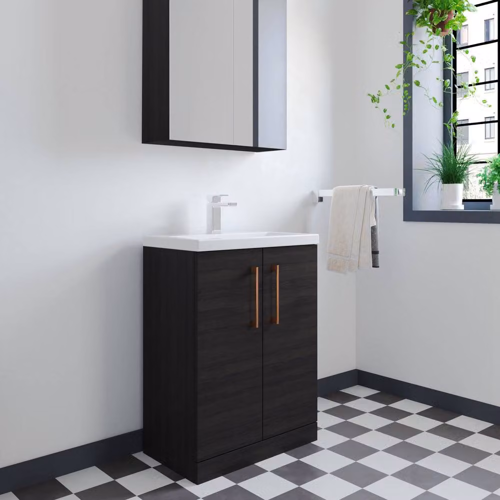 Balterley Modern Wood Bathroom Vanity Basin Unit in Black with Copper Handles, W: 60 cm, H: 84 cm – 3