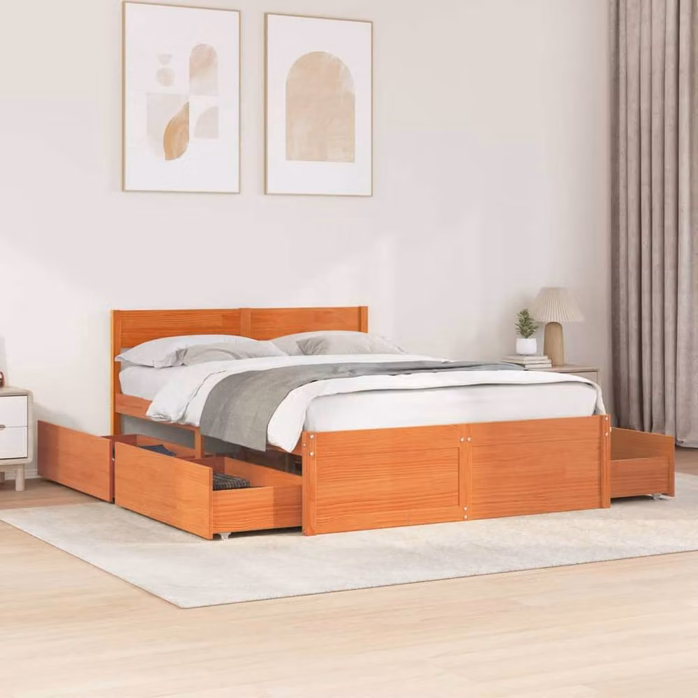 Berkfield Home Modern Solid Wood Pine Bed Frame with Drawers, Waxed Brown, W: 135 cm, L: 190 cm – 2