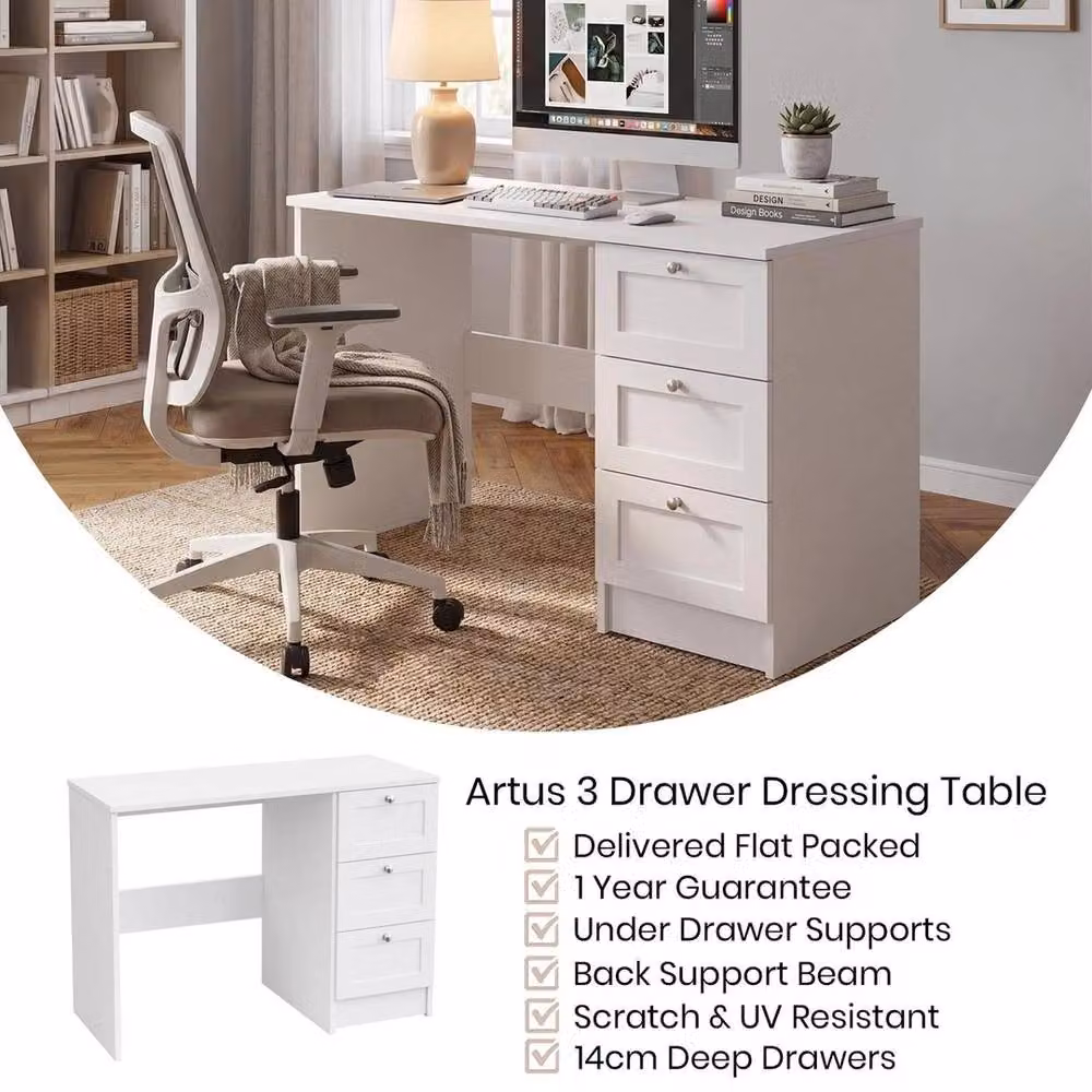 KORVIXA Artus 3 Drawer Dressing Vanity Table and Bedroom Desk in White W/D/H: 100 x 100 x 100 cm – 3