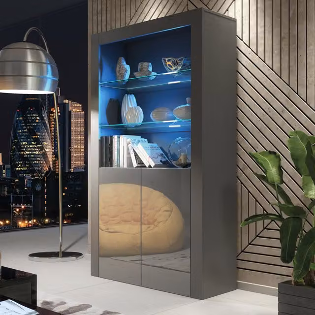 Creative Furniture Spectrum Display Cabinet in Dark Grey with Glass Doors and Integrated Lighting, Height: 170 cm
