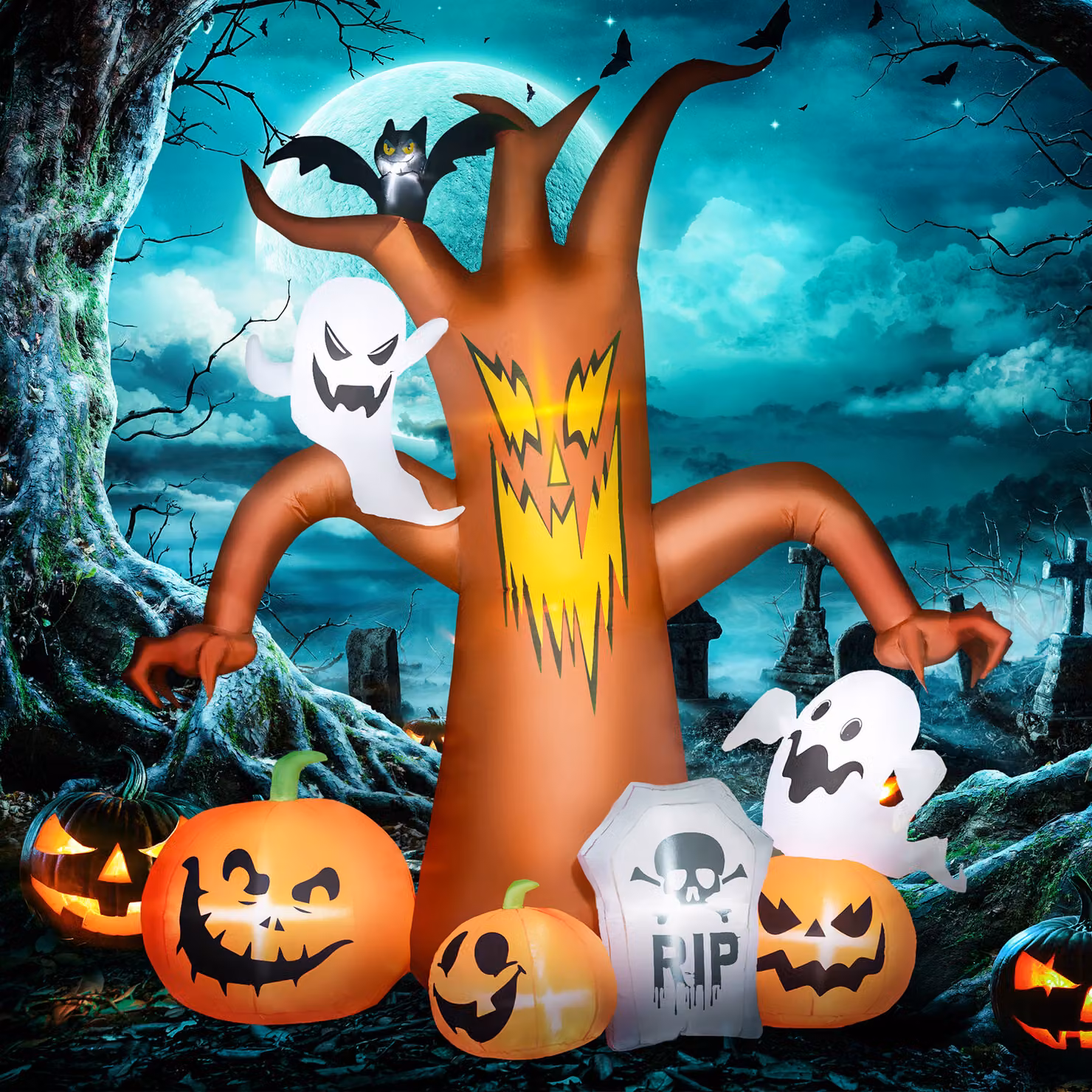 Outsunny 240 cm Tall Halloween Inflatable Ghost Tree with White Ghosts, Pumpkins and Tombstones – 2