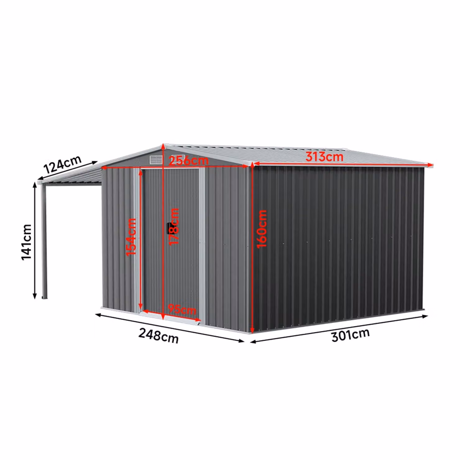 Living and Home Metal Garden Storage Shed with Apex Roof and Double Doors in Dark Grey, W: 304.8 cm, D: 243.84 cm, H: 183.0 cm – 5