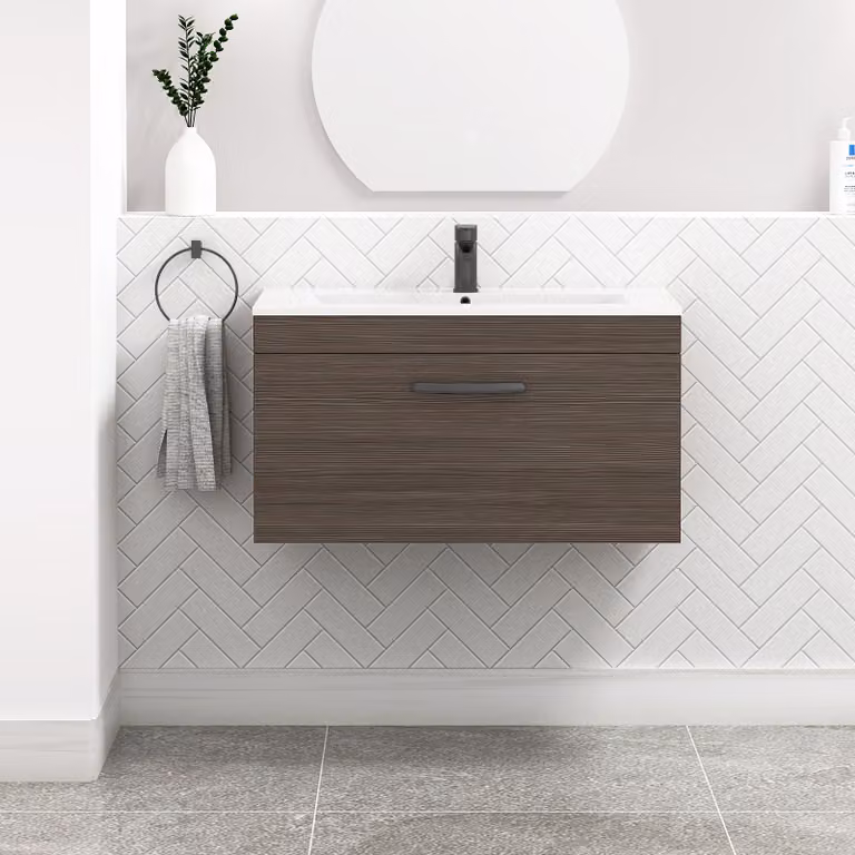 Royal Bathrooms Turin 800mm Wall Hung Vanity Sink Unit in Grey Elm with Matt Black Handle
