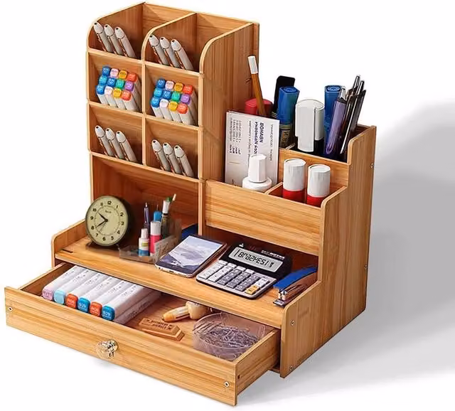 FORGEVIO Multi-Compartment Office Study Desk Organiser in Brown Walnut, W: 50 cm