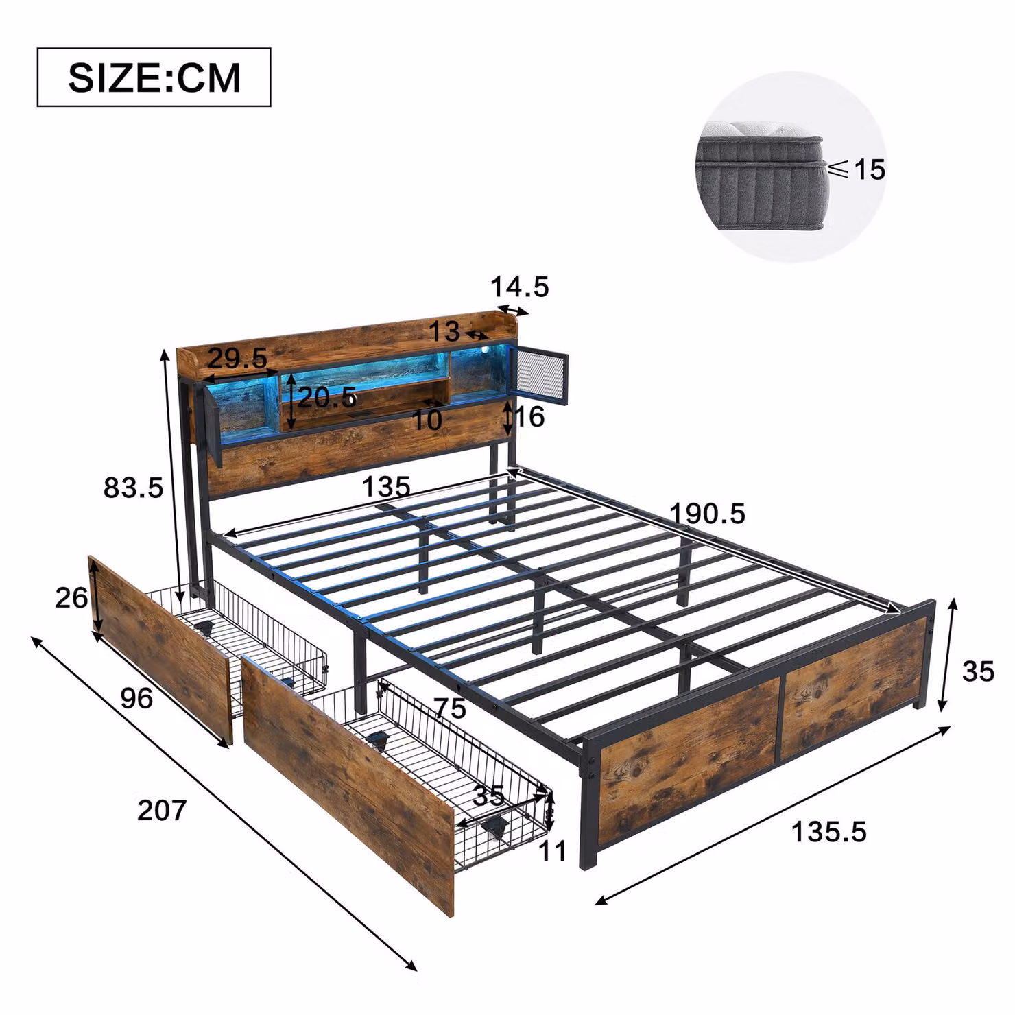 Aosom UK Black Metal Double Storage Bed with 2 Underbed Drawers, LED Light Strip, USB Charging Ports and Headboard Cabinets, W/D/H: 140 x 200 x 83.5 cm – 3