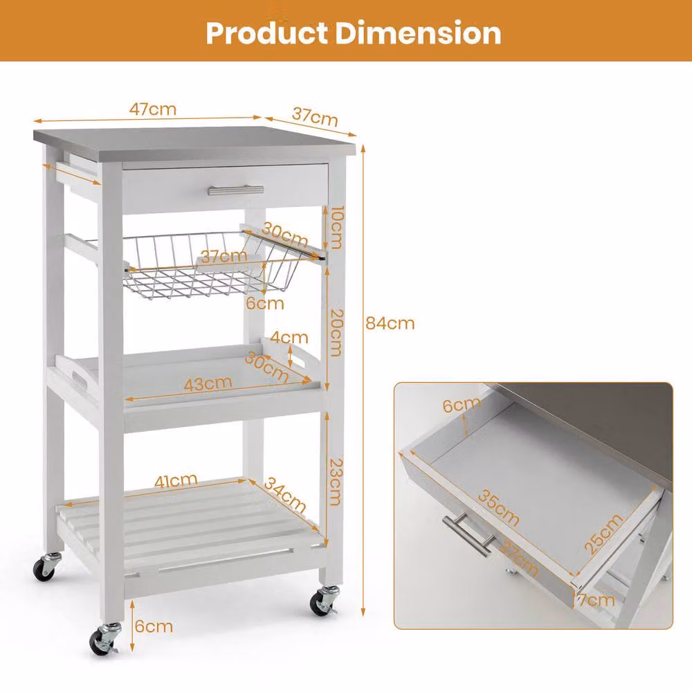 Costway 4-Tier Utility Serving Cart Rolling Kitchen Storage Trolley with Drawer in White – 2