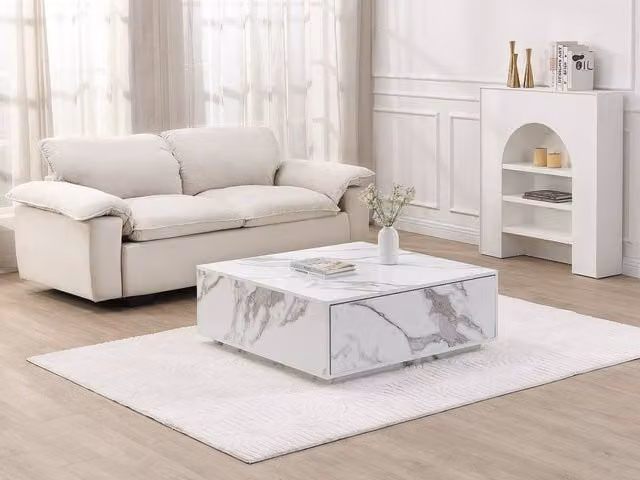Vente-unique White Marble Effect Coffee Table with 2 Drawers in MDF, W: 90 cm, D: 75 cm, H: 35 cm