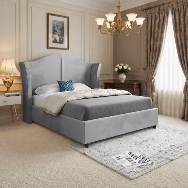 KDMD Yorkley Curved Winged Upholstered Designer Bed Frame in Grey Soft Velvet, Size: King (W/D/H: 180 x 159 x 137 cm) – 1