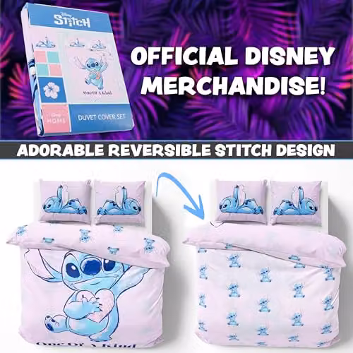 Disney Stitch Pink and Multicolour Duvet Cover and Pillowcase Set for Kids and Teenagers, W/D/H: 200 x 200 cm and 50 x 75 cm – 4