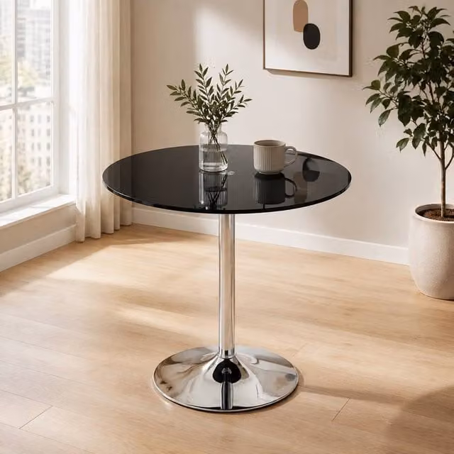 STILVORA Modern Round Dining Table with Black Glossy Tempered Glass Top for 4 Adults – 1