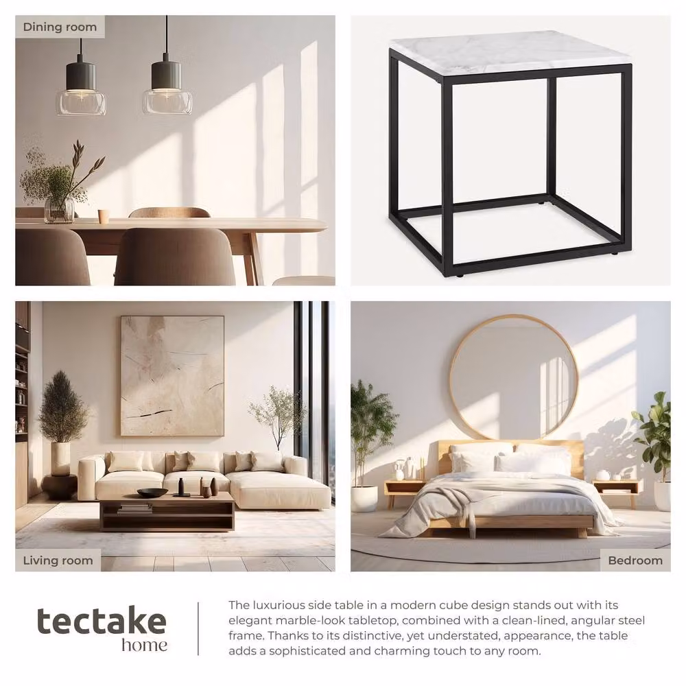 tectake Alysia Modern Square Side Table with Abstract Marble Stone Top in Black, White and Multicolour – 3