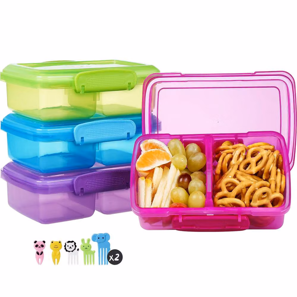 Greentainer 4-Pack Multicolour Plastic Snack Containers with 2 Compartments and Snap Lids – 2
