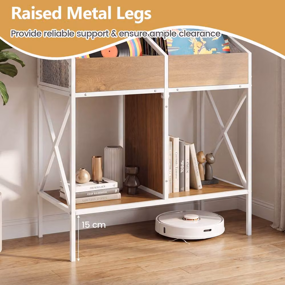 Costway 2-Tier Vinyl Record Storage Rack with 4 Media Compartments and Metal Frame in Natural and White – 5