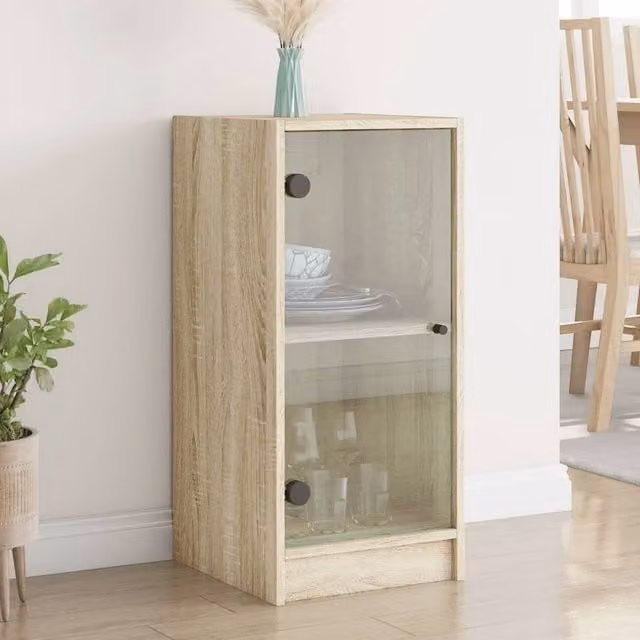 Berkfield Home Side Cabinet with Glass Doors in Sonoma Oak Brown, W/D/H: 35 x 37 x 75.5 cm